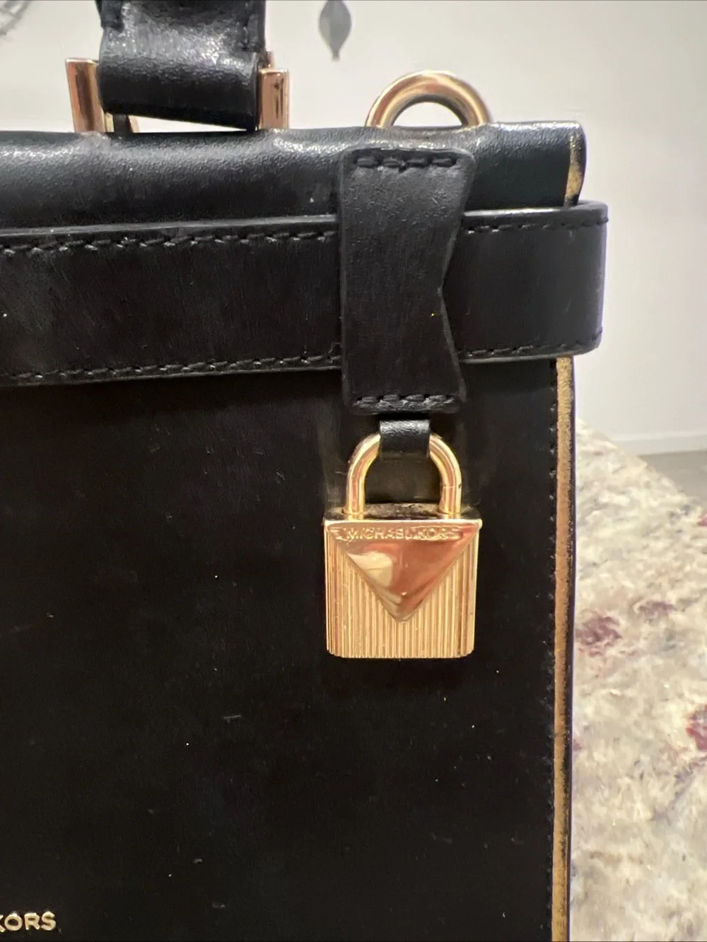 Michael Kors Black Leather Structured Satchel with Gold Hardware